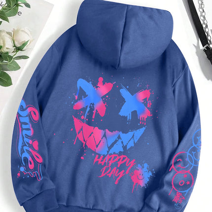 Happy Day Graffiti Print Women Hoodie Street Hip Hop Hoody Fashion Crewneck Versatile Hoodies Vintage Oversize Clothes Female