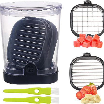 2-in-1 Detachable Fruit Slicer & Dicer, Stainless Steel Strawberry Slicer with Lid, Fruit Cutter with Push Plate for Banana Egg, Creative Cup Slicer, Must Have Vegetable Cutter Kitchen Gadget