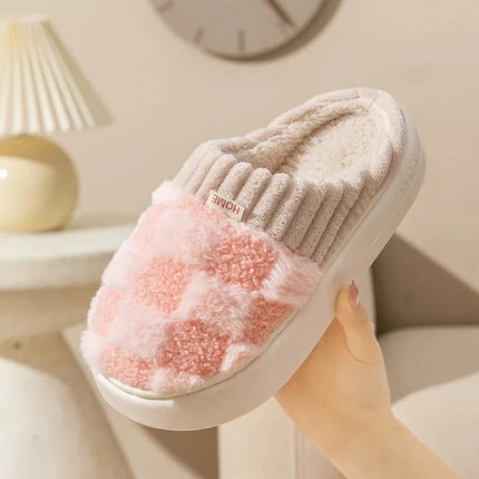 Fashion Couple Winter Toe Wrap Warm Plaid Plush Slippers Men Women Thick Soft Sole Slides Indoor Floor Flat Home Non-slip Shoes