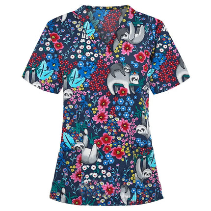 Womens T-Shirts Medical Nursing Uniform Clinical Uniform Woman V-Neck Short Sleeve T Shirt Tops With Pocket Women's Clothing