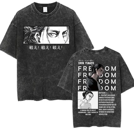 Anime Attack on Titan Vintage Washed Print T-shirt Mikasa Ackerman Eren Jaeger Wings of Freedom Logo Men's Summer Cotton T-shirts