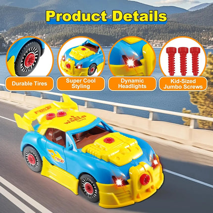 30Pcs Take-Apart Racing Car Building Toy, Electric Screwdriver with Lights & Sounds, DIY Gift Set for Boys 3-5 with Extra Screws