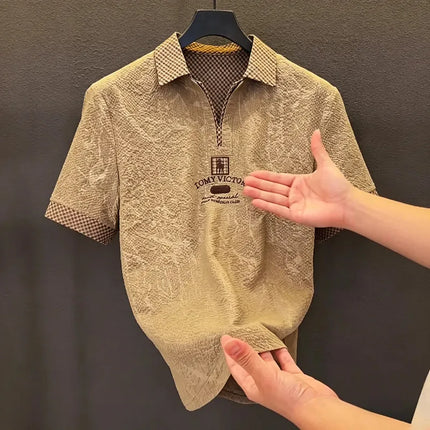 Ice Silk Embroidered  Shirt Men's Summer Short Sleeve Turn-down Collar Business Casual Fashion Brand T-shirt Breathable C...