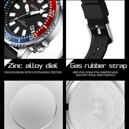 OFNS High Quality Fashion Men's Quartz Watch Calendar Luminous Display 50M Waterproof Luxury Watches Rubber Strap Men's Watch