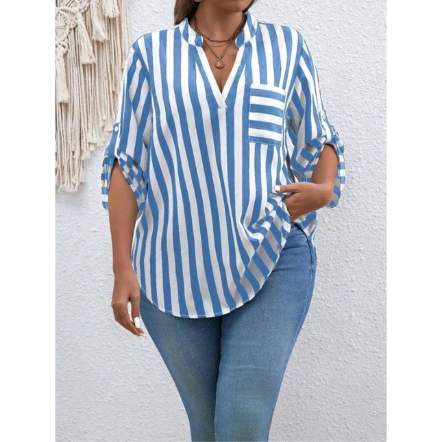 Plus Size 1XL-5XL Women's Fashion Striped Printed Short Sleeve Shirt Ladies Casual  Lapel Shirt Loose And Elegant Button Shirt