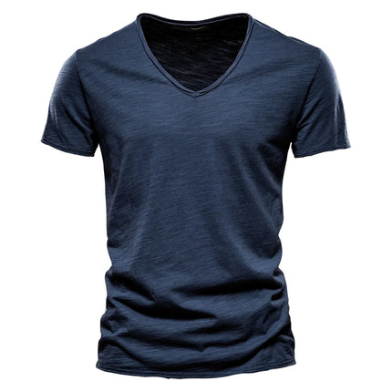 Brand Quality 100% Cotton Men's T-shirt V-neck Fashion Design Slim Fit Solid T-shirts Male Tops Tees Short Sleeve T-Shirt For Men