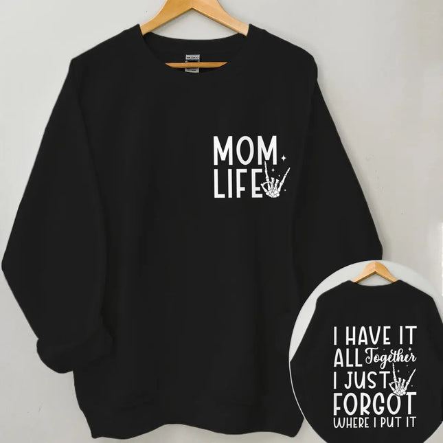 "Mom Life" Graphic Sweatshirts Forgot Where I Put It Funny Graphic Pullover Top Skeleton Hand Design Casual Women's Sweater