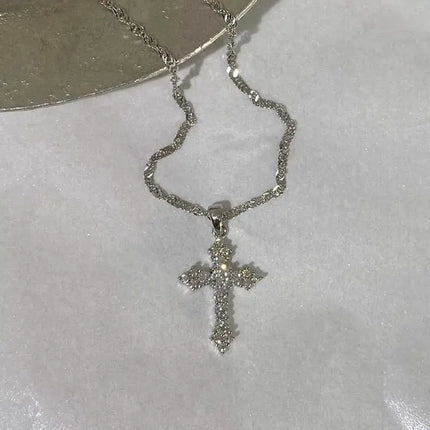 Silver Color Zircon Cross Pendant Necklace for Women Shiny Rhinestone Collar Necklaces 2025 Trend Christmas Jewelry
