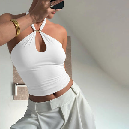 Hugcitar Women's Fashion Halter Solid Loop Backless Bandage Sexy Crop Tank Top 2025 Summer Casual Clothes Streetwear Vacation Club