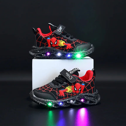 LED Casual Sneakers Red Black For Spring Boys Mesh Outdoor Spider-Man Shoes Children Lighted Non-slip Shoes Size 21-30