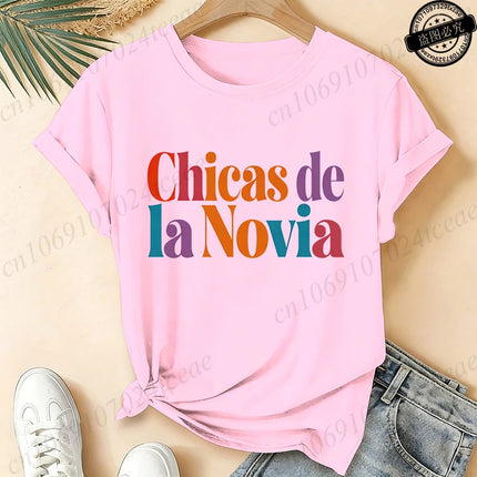 Women's Casual Short Sleeve T-Shirt Spanish Girl Bachelorette Party Graphic T-Shirts- Black White, Medium Stretch Round Neck