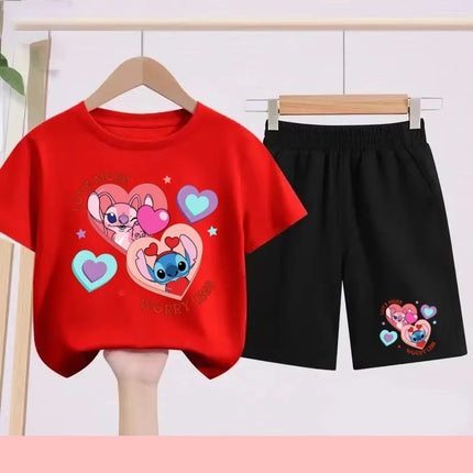 Disney 2026 Summer Round-neck Short-sleeved Set Girl Stitch Printed T-shirt Fashion Child Top+Shorts Casual Daily Sportswear Set