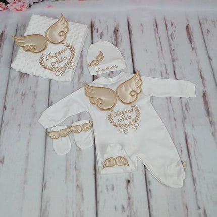 Personalized Name Baby Coming Home Outfit Angle Wing Infant Cotton Romper Onesie Blanket Pregnancy Embroidery Laurel Tree Gift