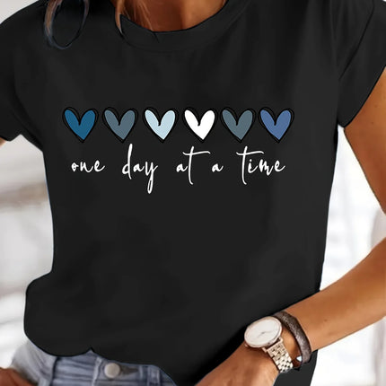 Women'S Casual Graphic T-Shirt - It'S One Day at a Time Heart Print, Short Sleeve Round Neck Top for Spring & Summer