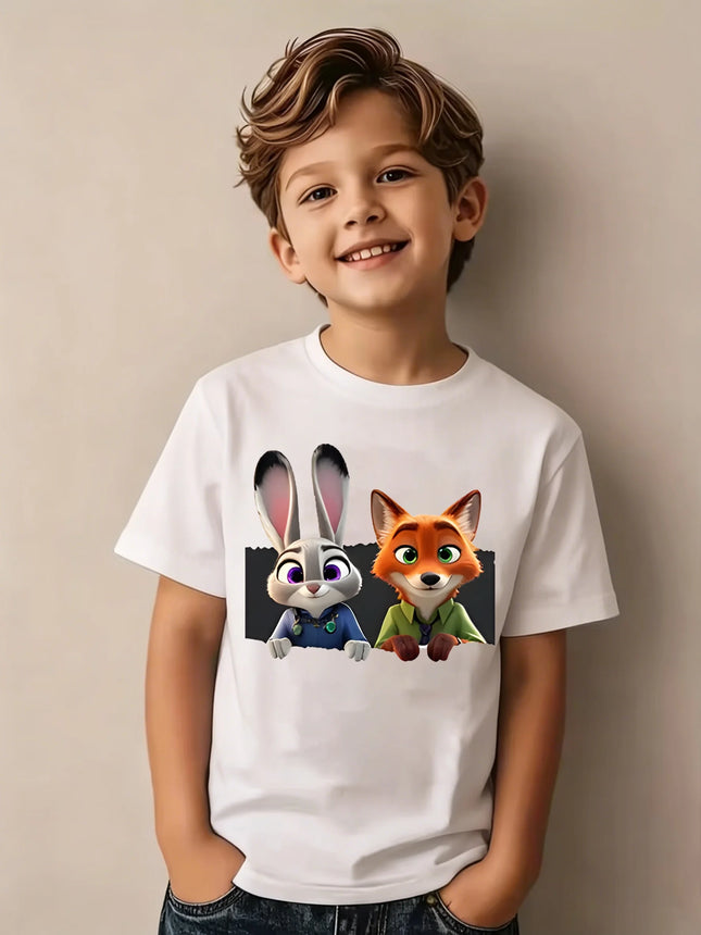 Zootopia Children's Summer T-Shirt, Judy & Nick Collaboration Short Sleeve Casual Top for Boys and Girls