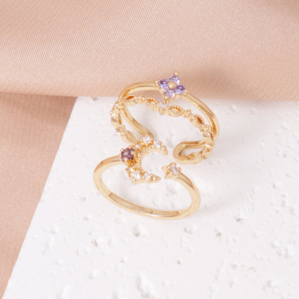 2PCS Charm Simple Light Purple Cubic Zirconia Star Moon Design Open Ring Set Elegant Women's Dating Daily Jewelry