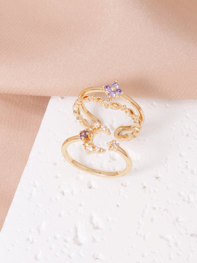 2PCS Charm Simple Light Purple Cubic Zirconia Star Moon Design Open Ring Set Elegant Women's Dating Daily Jewelry