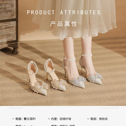 Spring Pointed Toe Party Wedding Shoes for Women, Bride Bow Thick Heel Silver Sequin Fairy Lolita Style Single Shoes
