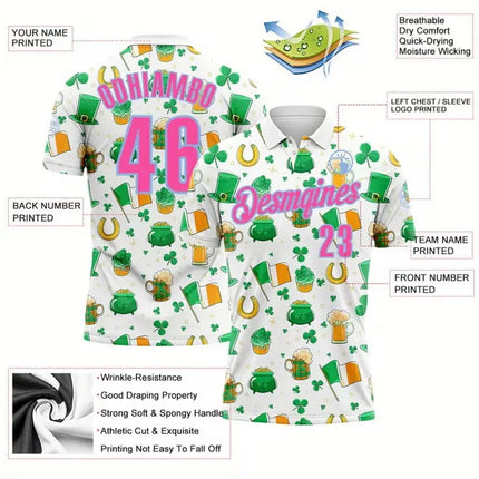 Customizable Name And Number Men'S St. Patrick'S Day Polo Shirt Green Clover Print Casual Short Sleeve Button Up Polo Shirts