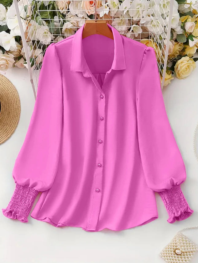 Plus Size 2025 Spring and Summer New Women's Casual Puff Sleeve Blouse Solid Color Suitable for Office Outdoor Single Breasted