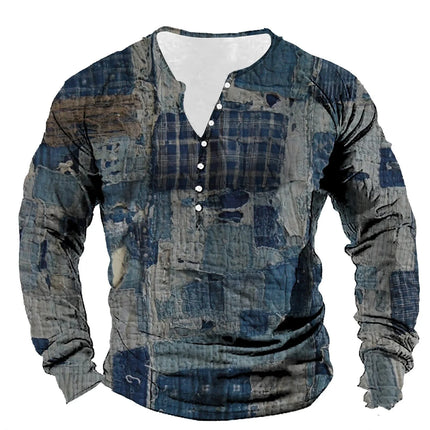 Men's Vintage T-shirt, Cotton Imitation T-shirt, Geometric Lines Print, Henley Long-sleeved T-shirt, Top, Men's T-shirt, Casual