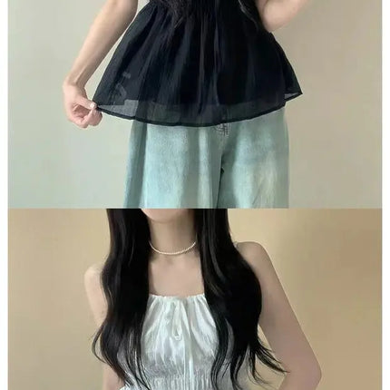 Sexy Summer Design D-string Strap Folded Waist Slimming Women's Casual Sexy Vest Top with Belt Polyester Fiber Thin Model