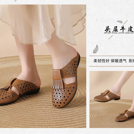 New Women's Breathable Perforated Leather Mules Vintage Tassel Slip on Flats Woman Casual Summer Shoes Hollow Slippers Outdoor