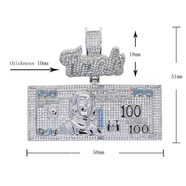 Iced Out Bling Time Is Money Pendant Necklace Silver Color Cubic Zirconia Us Dollar Cash 100 Letter Charm Hip Hop Men Jewelry