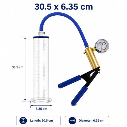 Sex Toys Vacuum Pump Trainer with Clear Acrylic Measuring Cylinder Blue Hose Metal Pressure Gauge and Manual Air Control Handle