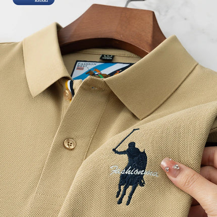 Luxury Embroidery Men's Polo Shirt Summer Thin Breathable 100% Cotton Black Navy Blue Lapel Short-Sleeved Tops Brand Clothing