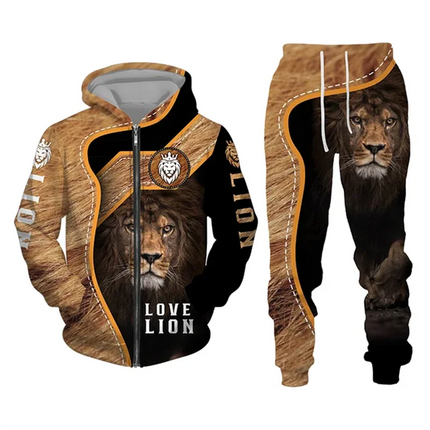 Men's Zip Hoodie Tracksuit Full Hoodies Set Lion Graphic Zipper 2 Piece Hooded Sports Outdoor Casual Sports 3D Print Streetwear