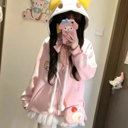 Kawaii Sweet Long Sleeve Hooded Hoodie Autumn New Japanese Pink Loose Lovely Coat Women's Design Warm Pretty Embroidery Overcoat