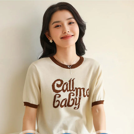 New women's short-sleeved 100% cotton knitted O-neck women's T-shirt Korean version fashionable hot selling top