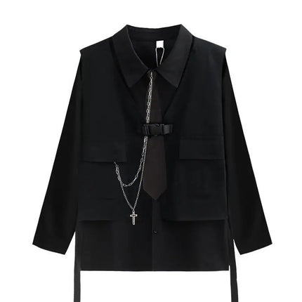Men Women Gothic Shirt Suit Korean Loose Long-sleeved Blouse Functional Workwear Suit Vest Two-piece Set 2023 Spring Autumn Top