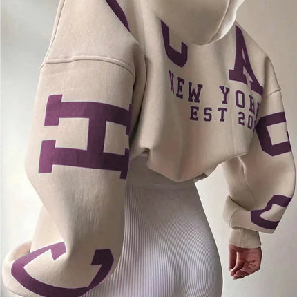 Letter Printed Long Sleeve Hoodie,Ladies Spring Fall Casual Drawstring Sleeve Hooded Regular Fit Drop Shoulder Women Hoodies