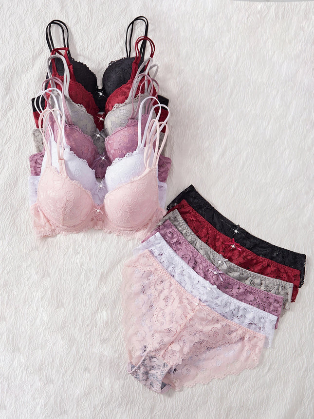 6-Piece Women's Underwear Set Sexy Patterned Lace Patchwork Unlined Comfortable Push-Up Bra Sexy Lingerie