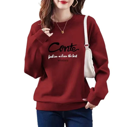 Thickened Fleece Women's Sweatshirt All-Match Comfortable One-Piece Velvet Winter Fashionable Cotton round Neck Printed Top