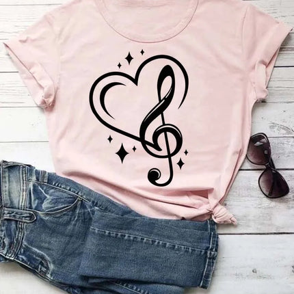 Fashion Women T Shirt Musical Note Printed T Shirt Casual Black Tops 90s Ladies Girls Tee Shirt Female Harajuku Graphic T-shirt