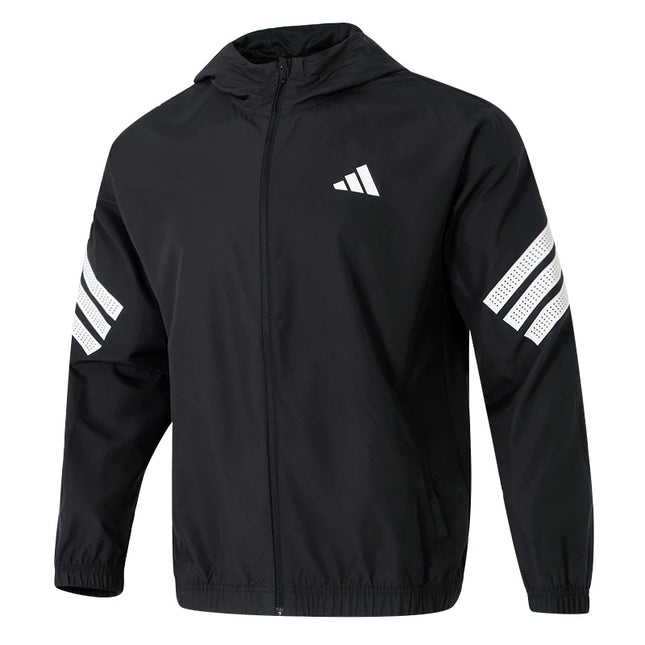 Adidas Men's Gym 3-Stripes Windbreaker - Hooded Knitted Sports Jacket / Veste Adidas Homme Gym 3-Bandes - Coupe-Vent Tricot Capuche