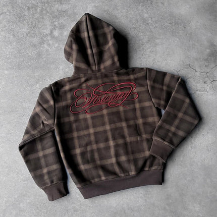 Plaid color matching retro American high street embroidery pattern zipper hooded sweater 2026 new unisex street fashion cardigan