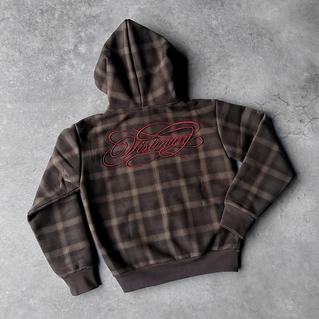 Plaid color matching retro American high street embroidery pattern zipper hooded sweater 2026 new unisex street fashion cardigan