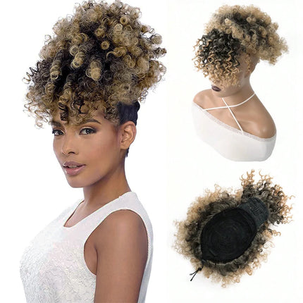 Afro Puff Drawstring Ponytail with Bangs Pineapple Updo Hair for Black Women Short Kinky Curly Ponytail Bun For Women Girls