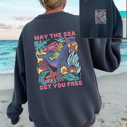 May The Sea Set You Free Printing Sweatshirts Womens Crewneck All-Match Hoodie Loose Fleece Warm Tops Autumn Comfortable Clothes