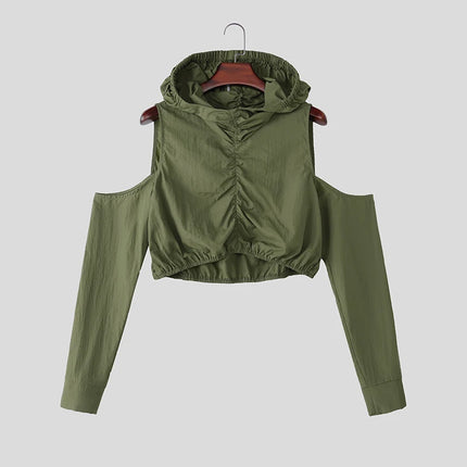 INCERUN Men's T Shirt Solid Color Pleated Off Shoulder Long Sleeve Hooded Men Clothes Streetwear Loose 2026 Crop Tops For Man