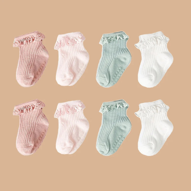 2pairs/lot Children's non slip socks for infants and young children 0-6 months girls' solid colored lace socks baby floor socks