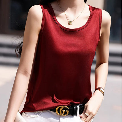 High-End Acetate Fiber Women's Knitted T-shirt with Suspender European Fashion Style Popular Women's Top