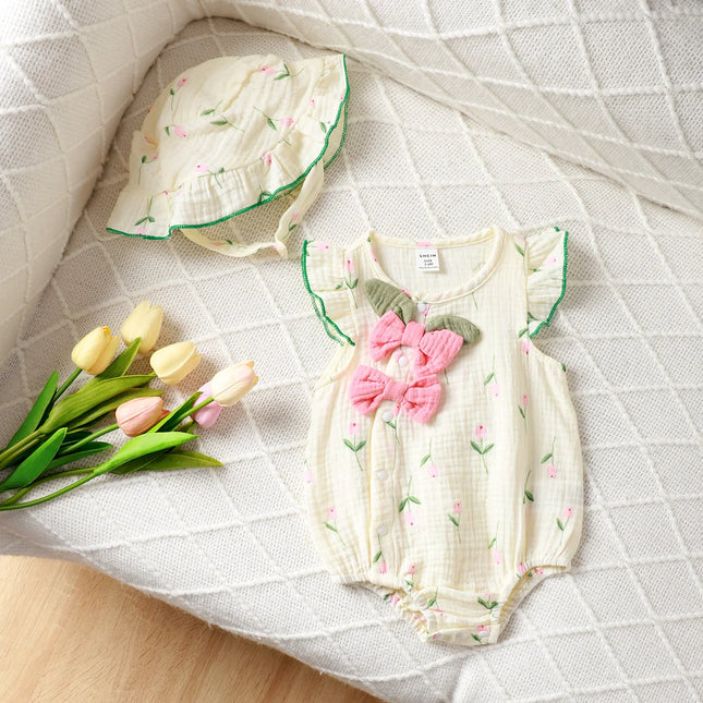 0-24 Months Baby girl Summer Bodysuit small floral bow and flying sleeves, fashionable Bodysuit+Hat 2Pcs Baby girl Crawling Suit