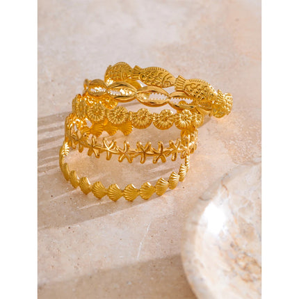 Yhpup Summer Ocean Style Fish Shell Starfish Cuff Open Bracelet Bangle 18K Gold Color PVD Stainless Steel Jewelry Wholesale Gift