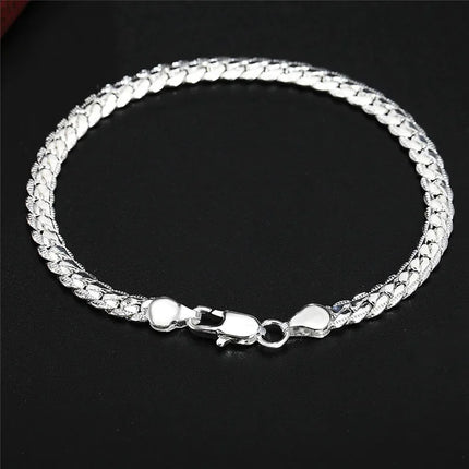925 Sterling Silver Bracelet 6mm 18/20cm Flat Side Chain Lobster Clasp Bracelet For Woman Man Party Wedding Jewelry Holiday Gift