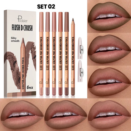 6Pcs Waterproof Lip Liner Set - Water-Resistant, Matte Finish Crayon Lip Pencils Non-Smudging & Easy-to-Apply with Sharpener